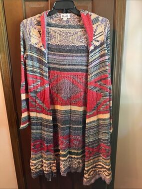 Mudd Women's Multicolor Hooded Knit Cardigan with Red and Navy Accents